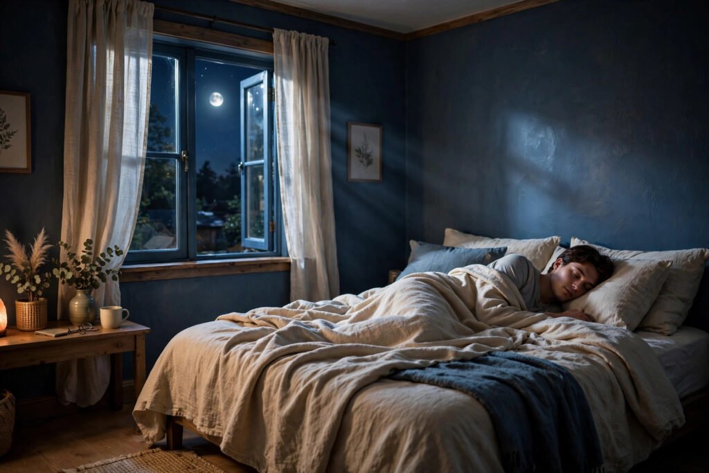 Person sleeping peacefully in a dark cozy bedroom